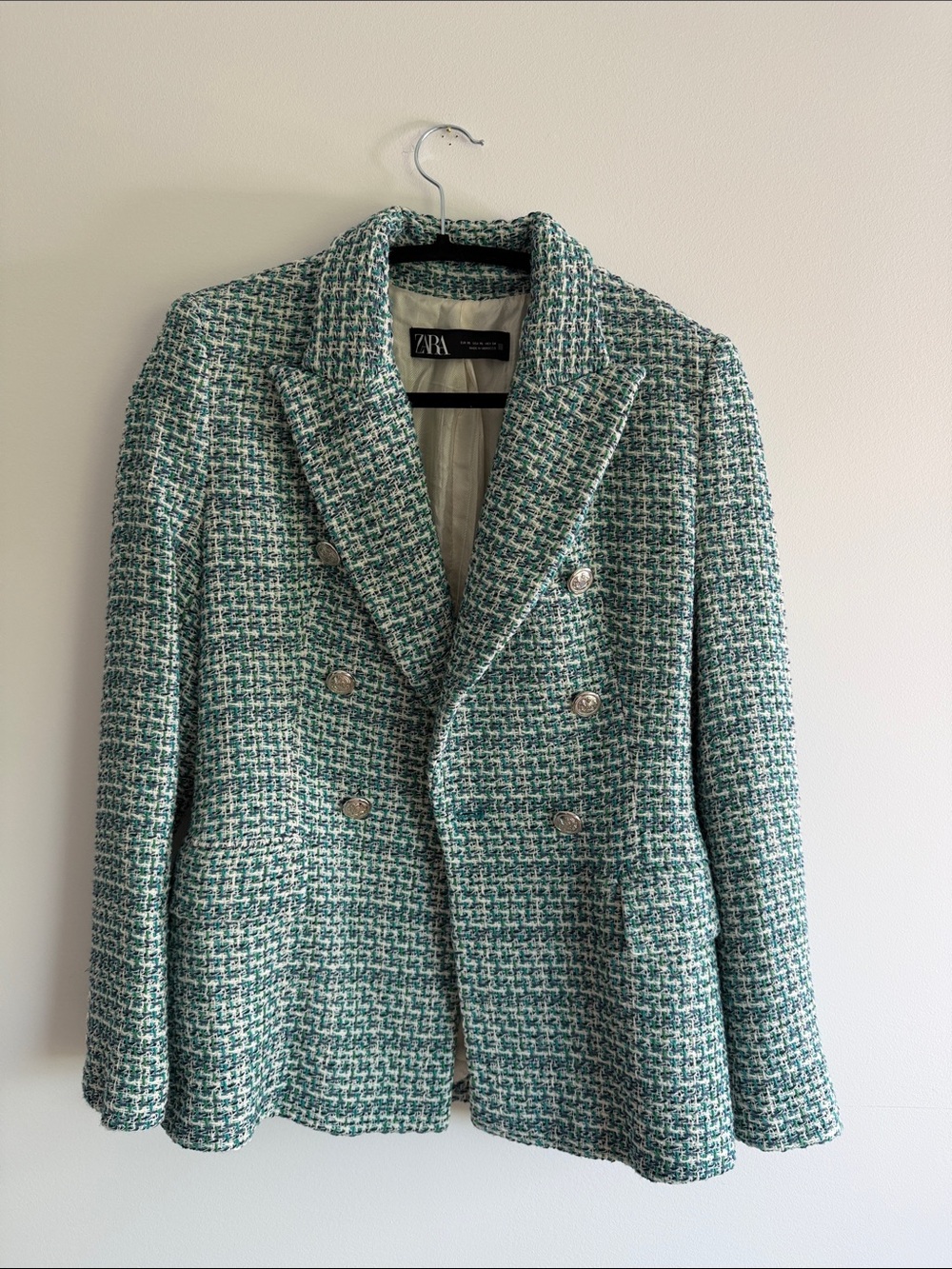 Zara Teal & White Tweed Double-Breasted Blazer
